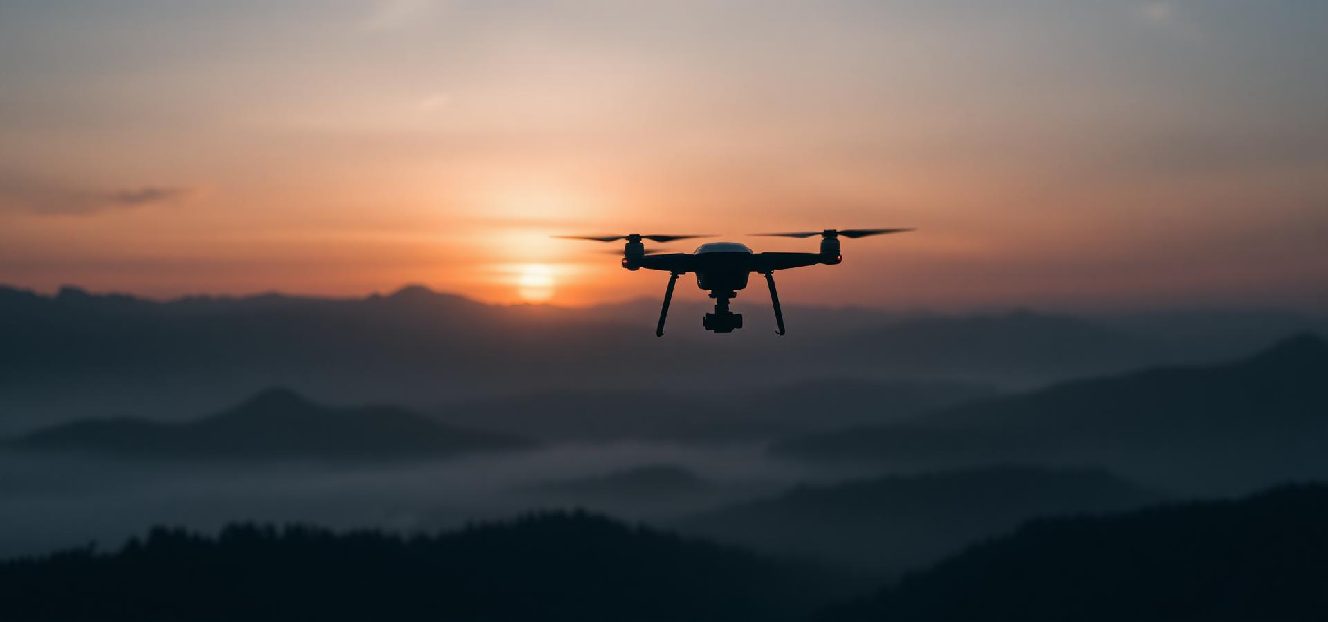 Drone flying through mountains during sunset